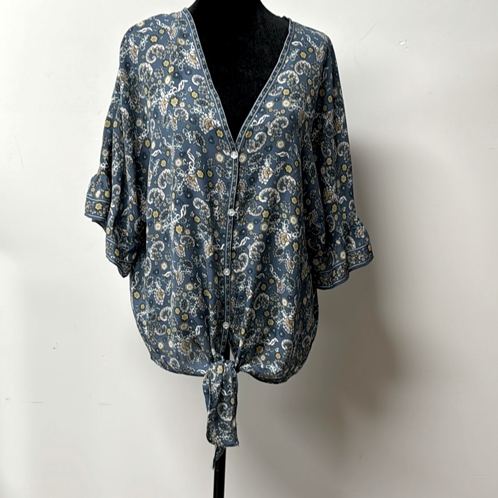 Max Studio Tie Front Blouse Womans Floral V-Neck Short  flutter sleeves large
